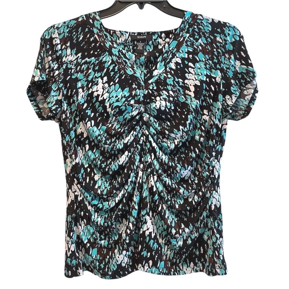 Alfani Top‎ Black Blue Abstract Ruched V-Neck Short Sleeve Blouse Womens Large